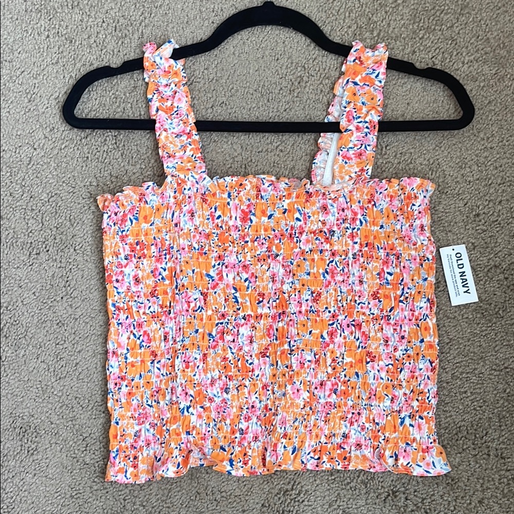 Old Navy Pink and Orange Floral Smocked Ruffled Tank Top